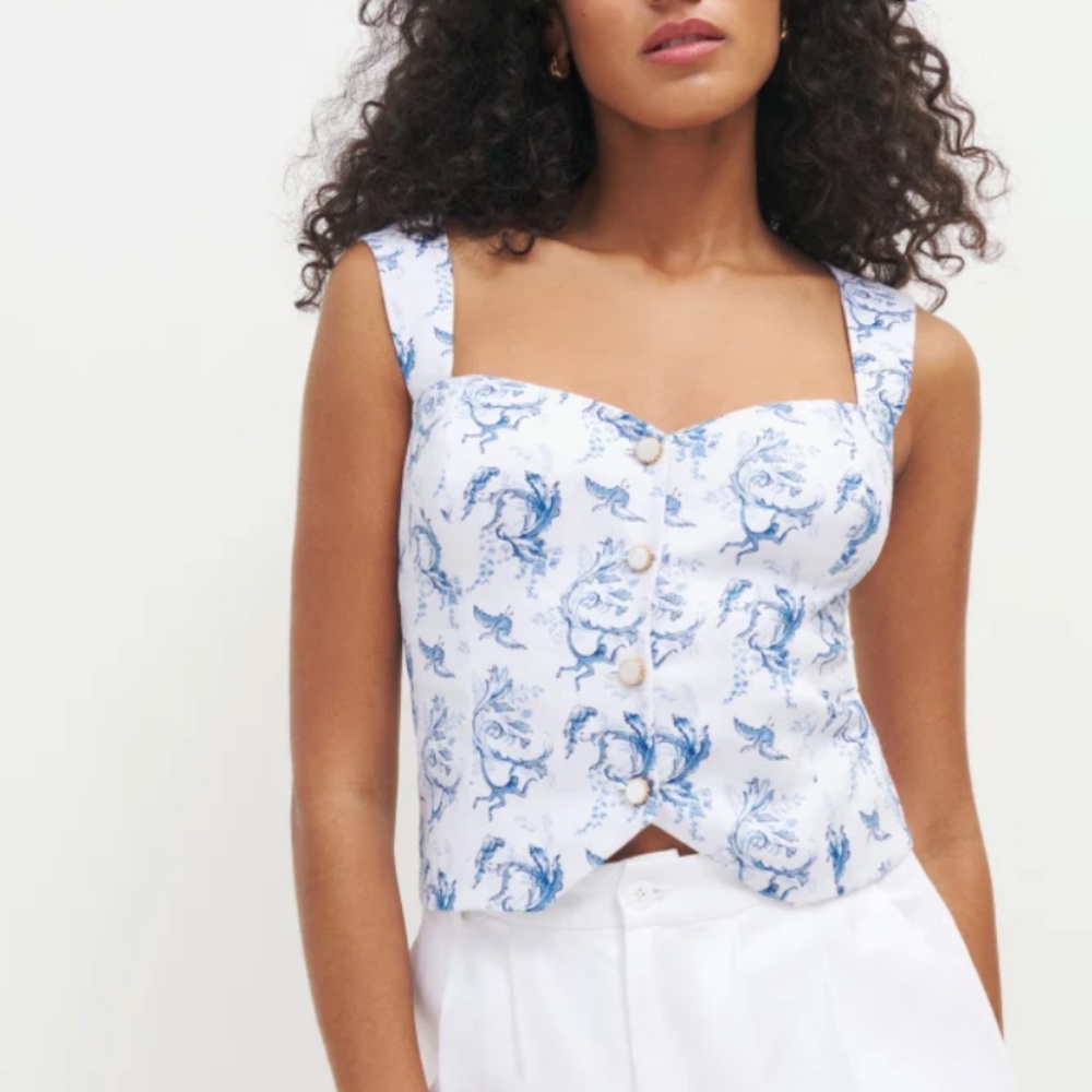 Reformation White and Blue Floral Button-Front Tank